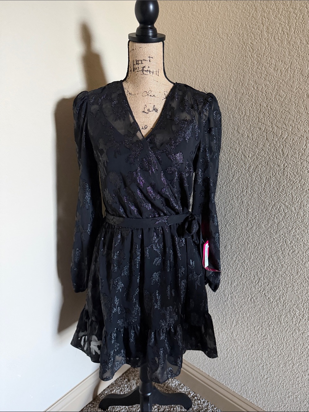 Betsy & Adam Black Dress with Shimmering Floral Detail